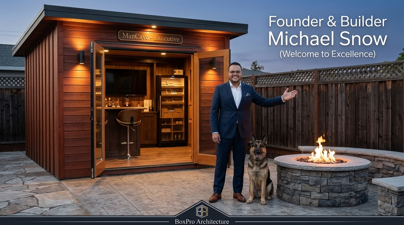 Founder and Builder Michael Snow with Diesel the German Shepherd in front of Boxpro Executive Man Cave